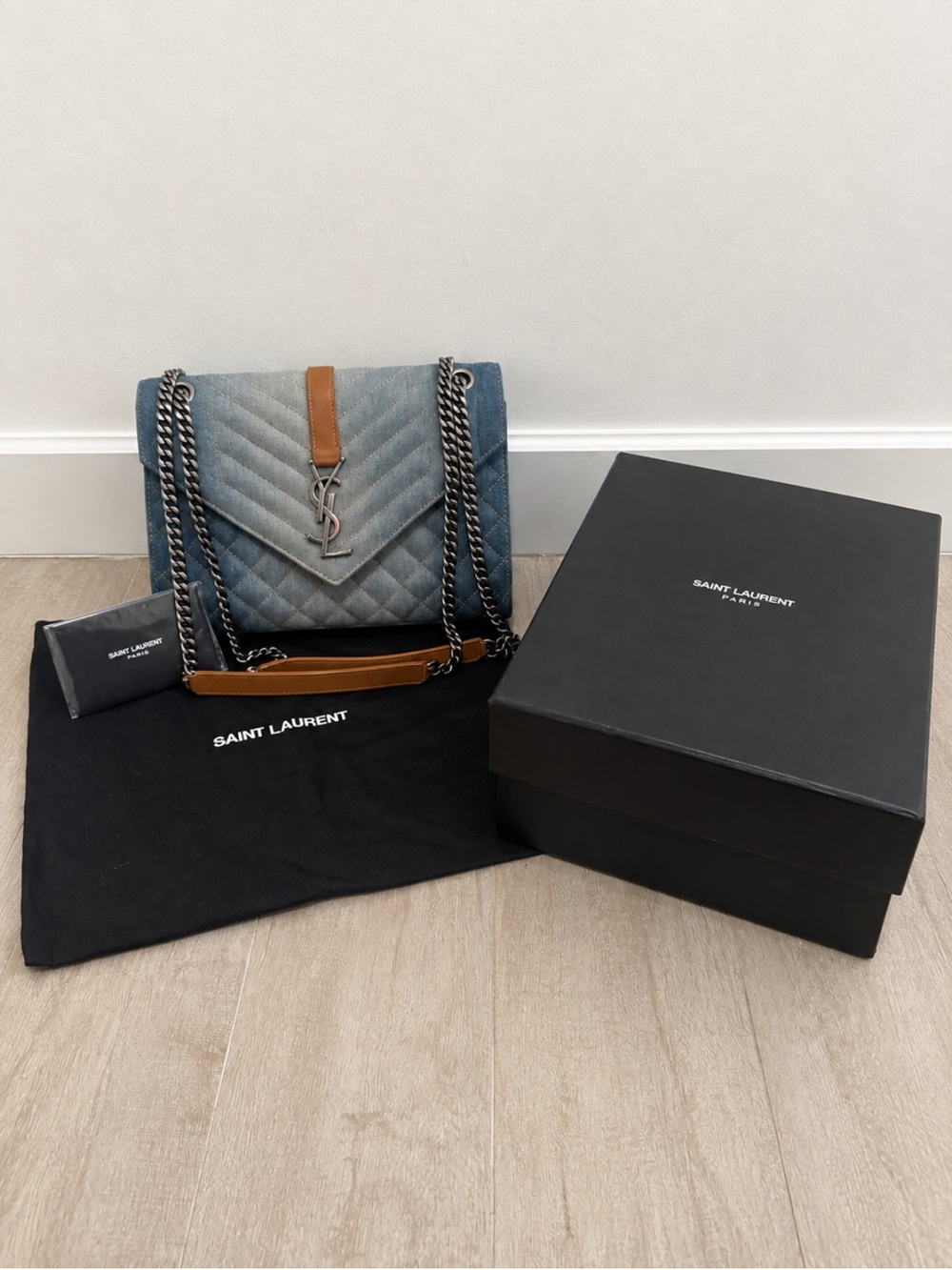 Saint Laurent Denim Matelasse Triquilt Medium Envelope Satchel Authentic & NEW